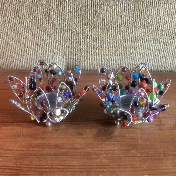 Lotus Flower Beaded Tea Light Candle Holder, Handmade in India, Indian Home Deco - Picture 2 of 5